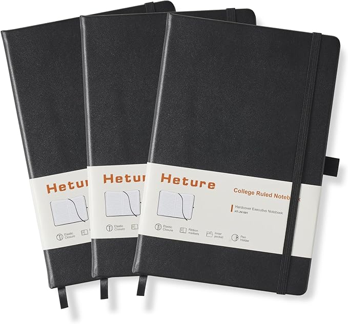 Heture Hardcover Notebooks, A5 Lined Journals Notebook for Writing 160 Pages, 8.2 x 5.5 inch, Classic Ruled Notebooks for College/Work/Travel(Black 3 Pack)