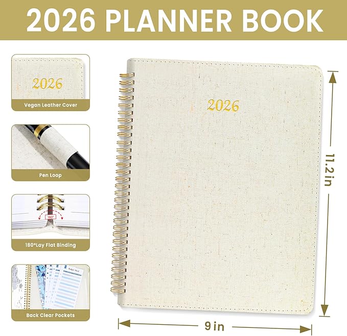 2026 Planner, Annecy Weekly ＆ Monthly Planner 2026, Jan. 2026 – Dec. 2026, 9" x 11" Monthly Agenda Planner with Tabs, Flexible Linen Cover, Spiral Binding, Double-sided Pocket, Bookmark, Beige