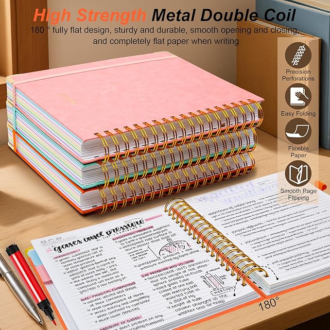 Hardcover Spiral Notebook 8"x10" Journal Notebook with Tabs and Removable Dividers 300 Pages 5 Subject Notebook College Ruled, Faux Leather Spiral Bound Notebook for Women School Work (Orange)