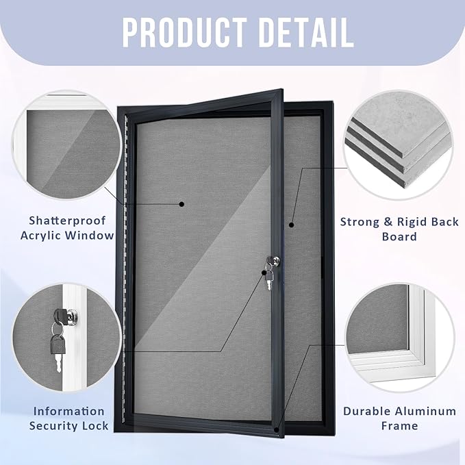 Homezelle Enclosed Bulletin Board 36"x24" Outdoor Weatherproof Cork Noticeboard with Locking Door Wall-Mounted Gray Fabric Black Aluminium Frame for Home, School, Office, Community, Hospital