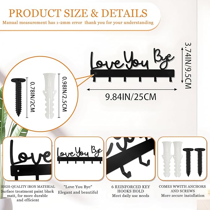 Key Holder for Wall,Key Hooks Organizer Hanger Rack Wall Mounted with Screws&Anchors,9.84inch/25cm Love You Bye Metal Wall Art Decor for Entryway Front Door Kitchen Hallway Garage Mudroom Office