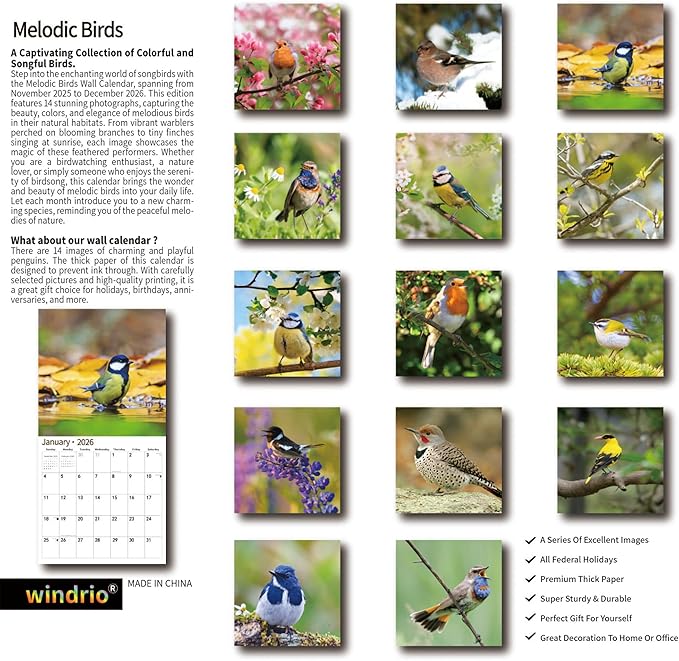 windrio 2026 Wall Calendar, Calendar 2026, November 2025 - December 2026, Wall Calendar Song Birds, 12" x 24" Opened,Full Page Months Thick & Sturdy Paper for Calendar Organizing & Planning