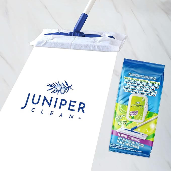 Juniper CLEAN Wet Floor Wipes, Multi Surface Floor Cleaner Wet Mop Pads Fit Swiffer Sweeper Mop, Fresh Scent & Plant-Based Textured Cloth Trap Absorb Dirt, 20 Count (Pack of 1)