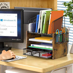 4-Tier Mesh Desk Organizer, Wooden Desk File Organizer with 5 Vertical File Holders and 2 Pen Holders, Desktop Organizers and Accessories with Drawer for Home Office