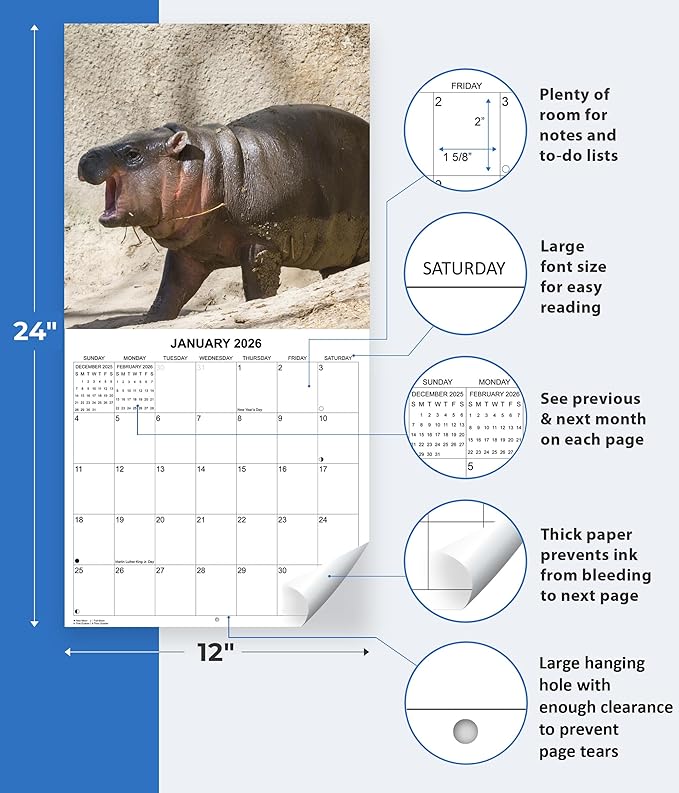 2026 Moo Deng Monthly Wall Calendar | Pygmy Hippopotamus Animal Calendar 2025-2026
