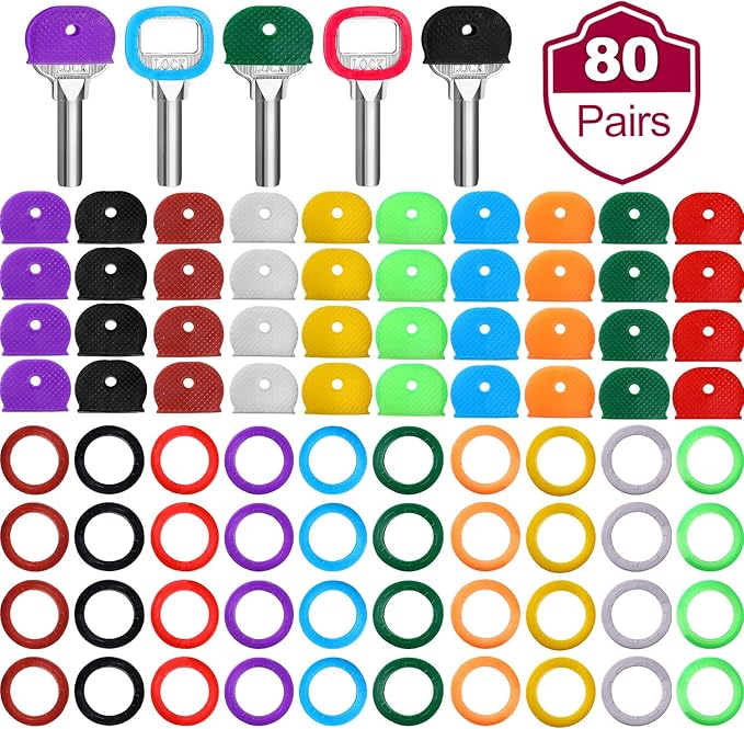 Blulu 80 Pieces 1Inch Colored Key Covers Caps Tags Covers Set Plastic Key Color Identifier Rings Toppers(Classic Color)
