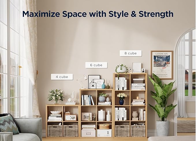 Jpiziso 8 Cube Storage Organizer, Cube Shelf with Heavy-Duty Thick Boards, 25.12" L x 9.37" W x 48.74" H, Smooth Easy-Clean Panels, Simple Assembly, for Living Room Bedroom Office, Natural-Oak