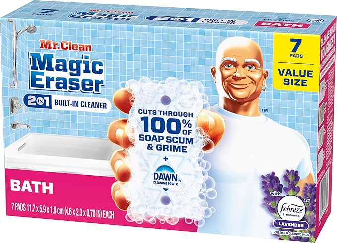 Mr. Clean Magic Eraser Sponge, Bathroom Cleaner, Shower Cleaner, Tub Cleaner, Soap Scum Remover, Bathroom Cleaning Supplies, Dawn Cleaning Power with Febreze Lavender Scent, 2 in 1 Bath, 7ct