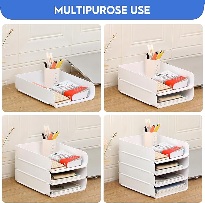 CiWiVOKi Desk Letter Tray Set of 2, Office Organization and Storage, PET Stackable Document Organizer for Notes, Pens, File Paper, White