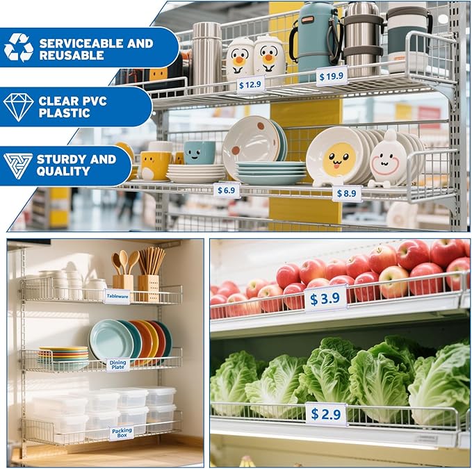100 Pcs Wire Shelf Label Holder with Paper Inserts, Compatible with 1-1/4 Inch Shelves, Plastic Shelf Tags for Wire Shelving Label Clips with Label Paper Removable Wire Rack Label Holder Display Clip