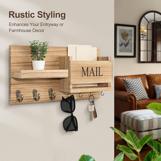 Lwenki Mail Organizer for Wall Mount – Key Holder with Shelf Includes Letter Holder and Hooks for Hallway Farmhouse Decor – Rustic Wood with Flush Mounting Hardware (16.5” x 9.1” x 3.4”) (Wood)