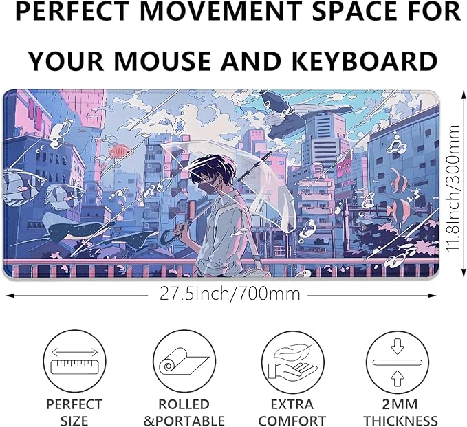 Japanese Fantasy City Boy Mouse Pad Desk Pad,Cute Kawaii Anime Mousepad,Large Extended Gaming Mouse Mat with Stitched Edges Non-Slip Waterproof Rubber Base Mous Mat for Desk Pad(27.5X11.8 in)