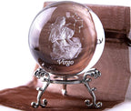 3D Inner Carving Constellation Ball Crystal Paperweight Full Sphere Glass Fengshui with Sliver-Plated Flowering Stand(Virgo)