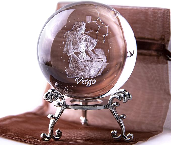 3D Inner Carving Constellation Ball Crystal Paperweight Full Sphere Glass Fengshui with Sliver-Plated Flowering Stand(Virgo)