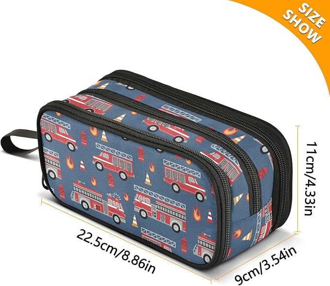 BOENLE Fire Trucks Pencil Case Box Boys Girls Large Pencil Pouch with Zipper Compartments Big Capacity Stationery Pen Bag Organizer for Kids Teens Adults School Office