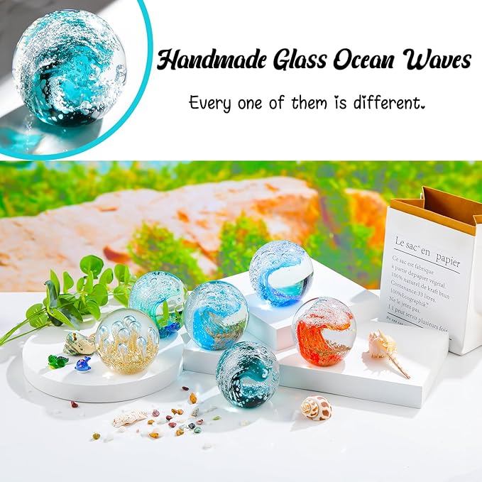 Hand Blown Glass Ball Ocean Waves Paperweight Sea Glass Decor Crystal Bubble Ball for Bedroom Home Office Aquarium (Dark Blue)
