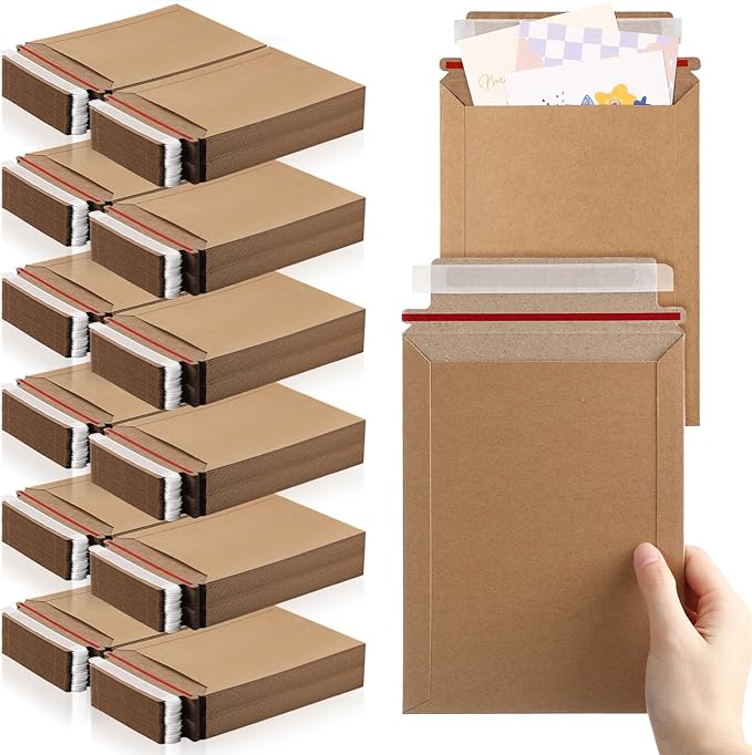 Fainne 300 Pack 6 x 8 Inch Rigid Mailers Self Adhesive Seal Photo Document Mailers 250gsm Keep Flat Kraft Photography Cardboard Envelopes for Shipping Cd, Photo, Gift Card, Document, Paper