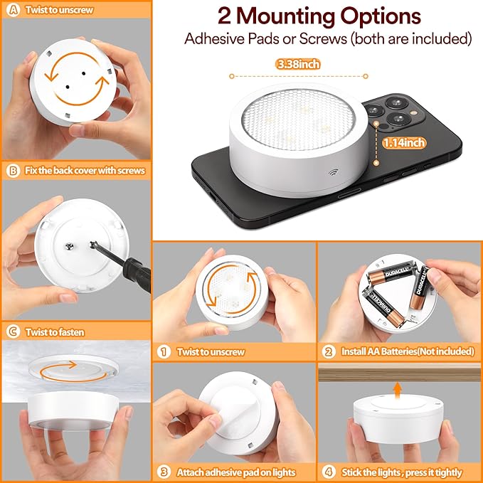 TECOMLIGHT Puck Lights with Remote Control, Battery Operated Wireless Under Cabinet Lighting, RGBCW Stick On Tap Lights for Kitchen, Shelf, 4 Pack - White