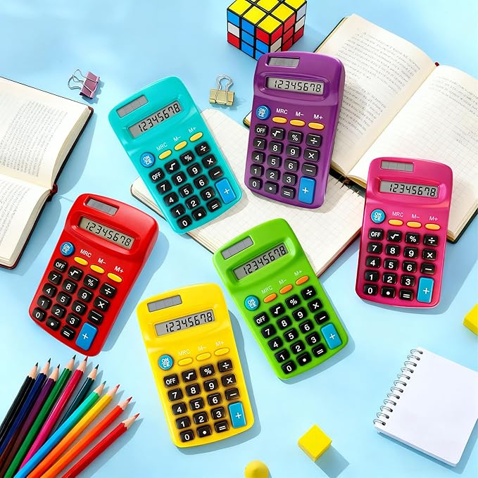 12 Pack Pocket Calculator Bulk: 8 Digit Hand Held Basic Calculator Small Solar Battery Dual Power Mini Calculators for Classroom Students Desktop School Home Office (Multicolor, 12 Pcs)