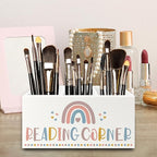 QZQE Boho Reading Corner Pen Pencil Holder Organizer for Desk, Boho Rainbow Bookish Wooden Box Signs Decorations for Reading Nook Corner Room Desk Tabletop, Book Lover Reader Gifts