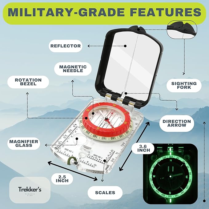 Trekker's Compass Crew Professional Military Lensatic Compass with Mirror, High-Precision Dial, Built-in Magnifier, Luminous Display for Hiking, Camping, Orienteering