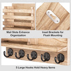 Lwenki Key Holder for Wall – Decorative Wooden Mail Holder and Key Shelf with Mounting Hardware, Installation Guide – Paulownia Wood with 5 Metal Key Hooks (11.8” x 6.7” x 2.8”)