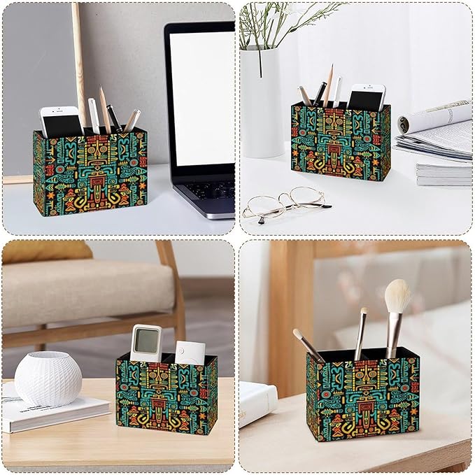 Famame Aztec Colorful Pattern Pencil Holder for Desk, Leather Desktop Container Pen Cup Storage Study Table Pen Organizer Makeup Brush Holder for Classroom Office Home