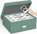 Decorative Photo Storage Box - Linen Photo Box Organizer with Dividers, Fits Holds Up to 1700 Pictures and 4x6 Photos, Memory Keepsake Organizer for Photos, Scrapbook Supplies, Cards, Stamps (Green)