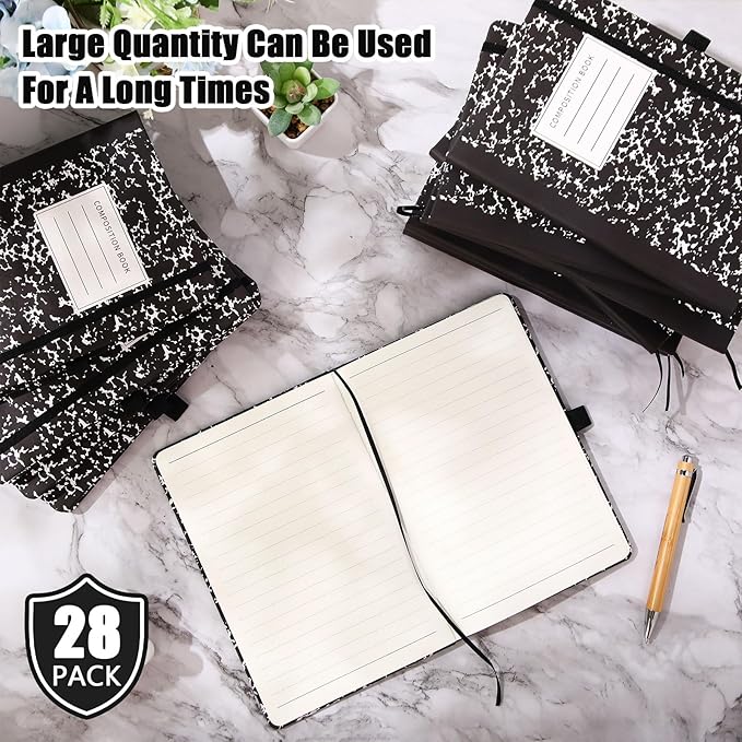 Laumoi 28 Pack PU Leather Lined Notebook Journal Bulk A5 Hardcover Notebook College Ruled 5.5 x 8.2 Inch Journal with Pen Holder for School Business Work Writing(Black,Marble)