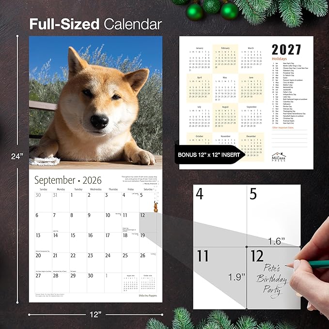 MICASA PRESS Shiba Inu Puppies 2026 Wall Calendar 12 Month | 12" x 24" Open | Thick & Sturdy Paper | Holiday Gift | Cute Puppy Dog Calendar 2026