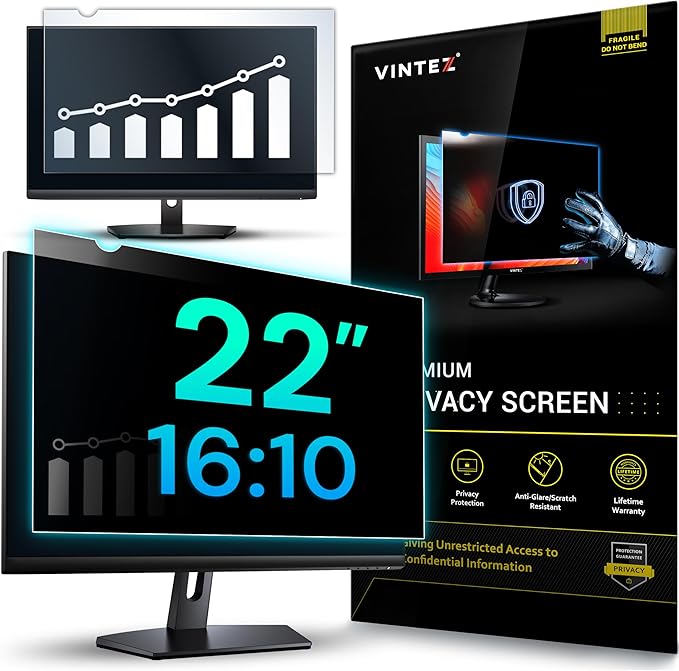 VINTEZ 22 Inch 16:10 Privacy Screen for Computer Monitor and Laptop - Anti Glare Protector Film Blue Light Filter Eye Protection - Computer Screen Privacy Shield, [1 Pack]