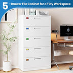 PEUKC 5 Drawer File Cabinet, Lateral Filing Cabinets for Home Office, Office Storage Drawers with Lock, Hanging Files Legal/Letter A4 Size (Assemble Required,White)