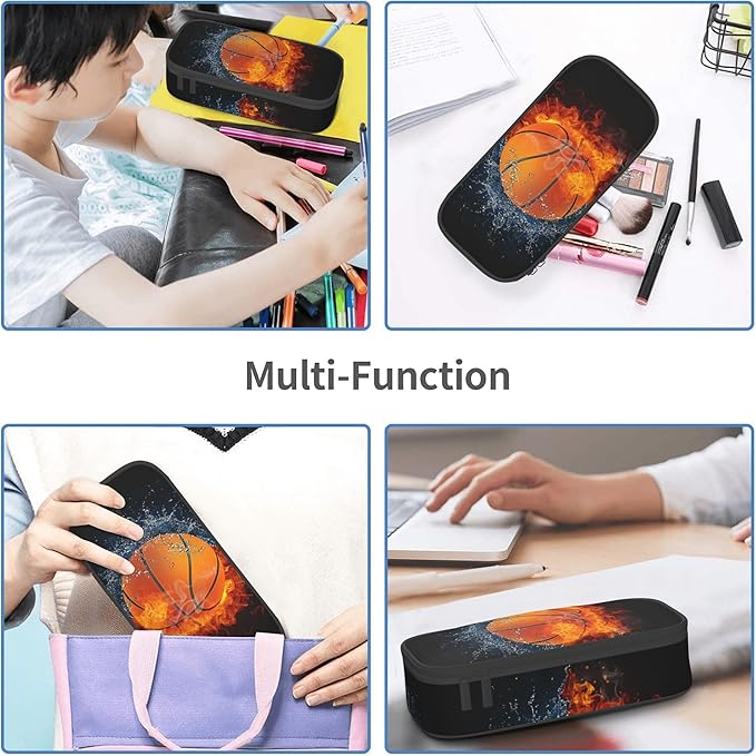 Basketball Pencil Box Black Kids Pencil Case for Boys Youth, Big Capacity Canvas Pen Pouch Marker Bag, Portable Travel Storage Box Desk Office Organizer, Sports-Themed Stationery Organization Bag