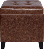 Adeco 18" Storage Ottoman Foot Rest Stool, Walnut Leather Ottoman with Black Solid Wood Legs and Hinged Lid, Small Foot Stool for Living Room, Bedroom