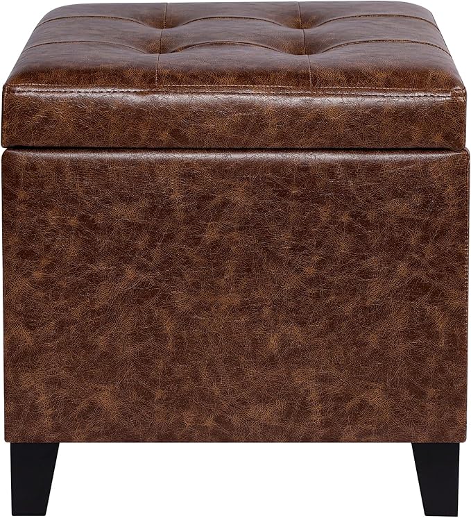 Adeco 18" Storage Ottoman Foot Rest Stool, Walnut Leather Ottoman with Black Solid Wood Legs and Hinged Lid, Small Foot Stool for Living Room, Bedroom