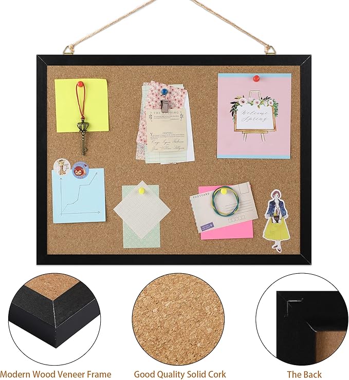 FEBSNOW Cork Board Bulletin Board 15.7 x 12 Inches with Rectangle Black Frame Hanging Pin for Office Home Message Board or Vision Board Decoration