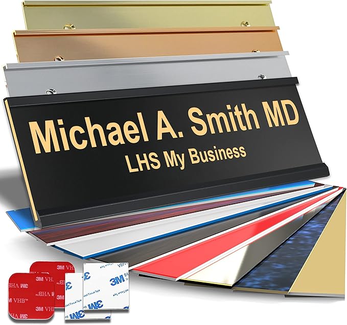 Custom Name Plate with Choice of Mounting for Walls, Doors, Cubicles, Hanging and More - Personalized Gloss Black Plastic Gold Letters - USA Made 2x10 - B3