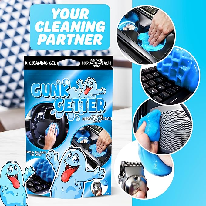 Gunk Getter, Cleaning Gel for Those Hard to Reach Places, Automotive Cup Holder Electronic Keyboard Office, Slime Gel Cleaner Dust Crumb Removal (Resealable Pouch, Blue, 3oz) 12 Pack