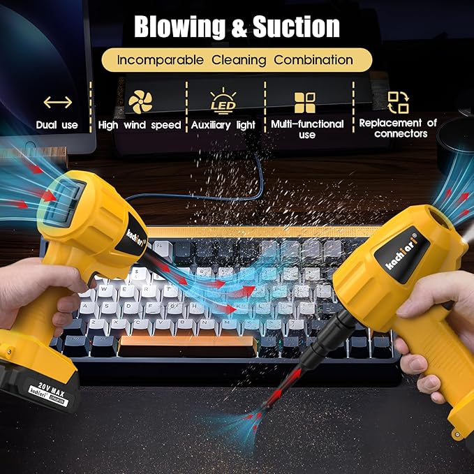Kachiari High Volume Compressed Air Duster with 20V Max Battery, 50000RPM Brush Motor, LED Light, 6 Multi-Use Accessories - Ideal for PC Keyboard, Car Cleaning （Battery Included）