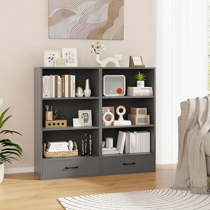 Tangkula 3 Tier Bookcase with Drawer, 42.5”Tall Freestanding Bookshelf with 3 Open Shelves & 1 Drawer, Anti-toppling Devices, Modern Display Storage Organizer for Home Office (Grey, 42.5" H)