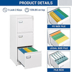 Fesbos 3 Drawers Vertical File Cabinets - 17.8" Deep Lockable Filing Cabinet - White Metal Storage Cabinets for Home Office to Hanging Files Letter/Legal/F4/A4 Size