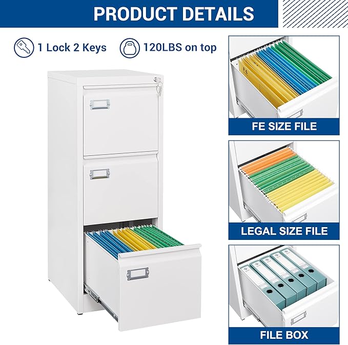 Fesbos 3 Drawers Vertical File Cabinets - 17.8" Deep Lockable Filing Cabinet - White Metal Storage Cabinets for Home Office to Hanging Files Letter/Legal/F4/A4 Size