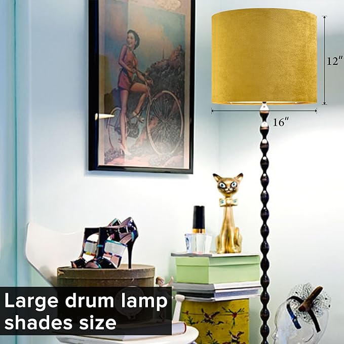 GO&SO Set of 2 Large Drum Yellow Velvet Lamp Shade -16" Top x 16" Bottom x 12" High(Spider) Modern Lamp Shades For Table Lamps & Bedside Lamp Replacement Lampshade, Hand Crafted, Required Assembly