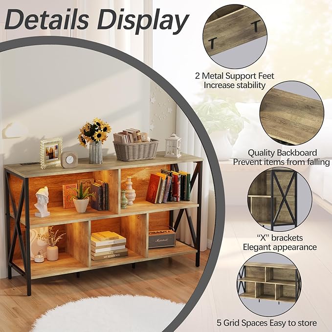 Horizontal Bookshelf,Industrial Modern 5 Cube Low Wide Cubby Bookcase with led Light,Long Wood and Metal Storage Organizer Open Shelf, Short Book Shelf Bedroom Storage for Home Office Living Room(Oak)
