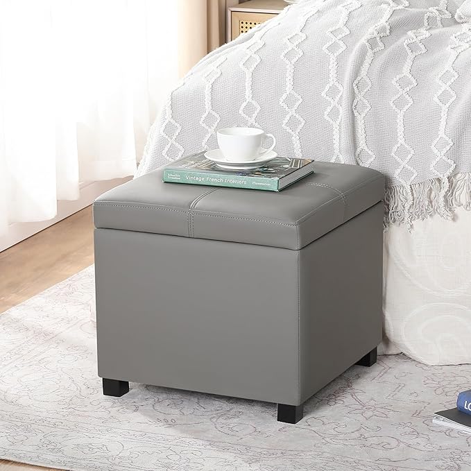 Asense 17 Inch Storage Ottoman Foot Rest,Square Faux Leather Foot Stool,Small Ottoman with Storage,Padded Seat for Entryway,Living Room,Bedroom,Couch,Under Desk,Grey
