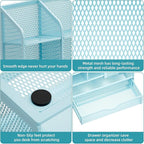 Marbrasse Mesh Pen Holder for Desk, Multi-Functional Pencil Organizer with Drawer, Desk Organizers and Accessories for Office Art Supplies (Blue)