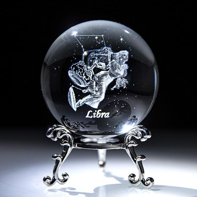3D Laser Constellation Crystal Ball Crystal Paperweight Full Sphere Glass Fengshui with Sliver-Plated Flowering Stand(Libra)