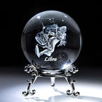 3D Laser Constellation Crystal Ball Crystal Paperweight Full Sphere Glass Fengshui with Sliver-Plated Flowering Stand(Libra)