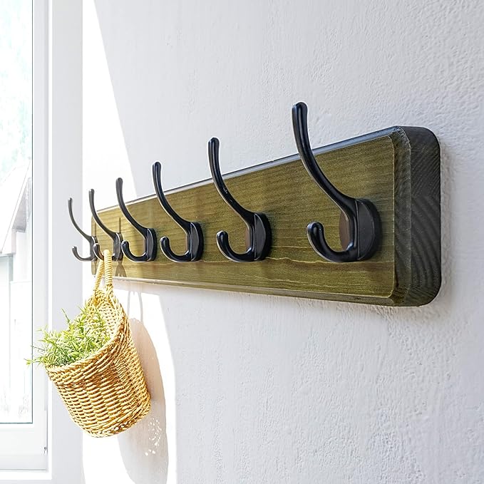 Dseap Coat Rack Wall: 24" Long, Patented, Heavy-Duty, 6-Double-Hooks Wooden Wall Mounted Coat Rack Coat Hanger Hook Rail for Winter Coats Hat Jacket Clothing, Weathered Green, Pack of 2