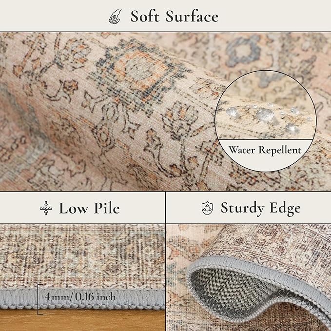 GENIMO 2x10 Runner Rugs for Hallway, Machine Washable Non Slip Vintage Rugs, Low Pile Lightweight Soft Print Rug for enrtyway, Corridor, Home Office, Kitchen, Oatmeal Beige